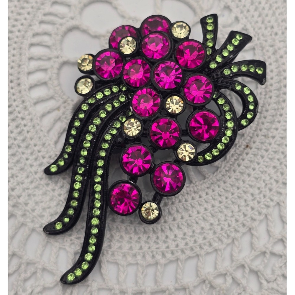 Vintage Japanned Rhinesone Brooch Pink Green Floral Bright